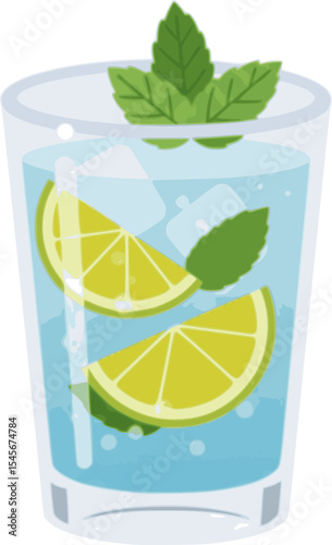 Illustration of a refreshing drink with lemon slices, mint leaves, and ice cubes