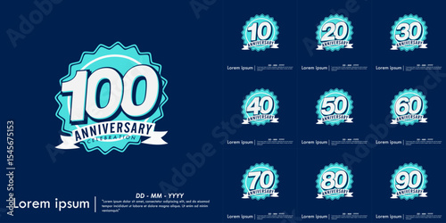 Set of 10-100th years anniversary celebration emblem. congratulation anniversary blue medal logo isolated with ribbon on blue background. vector illustration template design for web banner
