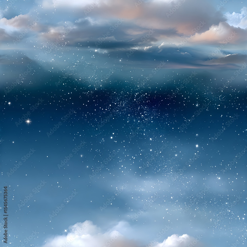Naklejka premium Seamless pattern of a starry night sky with clouds and twilight glow