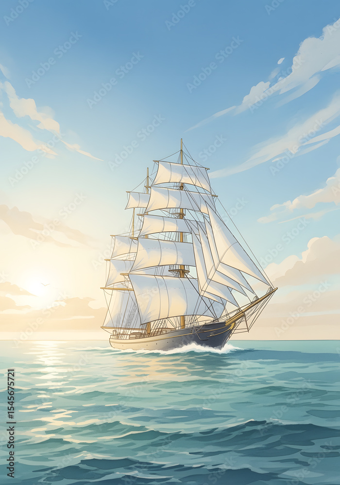 Obraz premium Classic Sailing Vessel in Soft Watercolor Illustration
