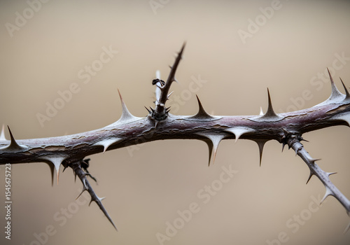 Close-up of a thorny branch, showcasing sharp, brown thorns against a blurred beige background. The texture of the wood is visible, emphasizing the harshness of the thorns