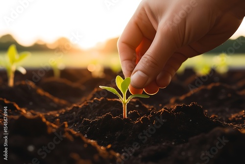 Hand Planting a Tiny Green Seedling in Dark Soil at Sunset
