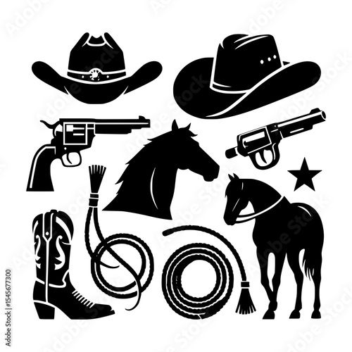Wild west icons cowboy hats guns horses and boots