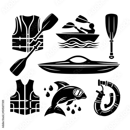 Water sports icons kayaks paddle life vest snorkel