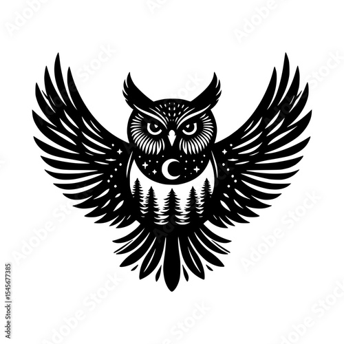 Majestic owl with spread wings night forest design