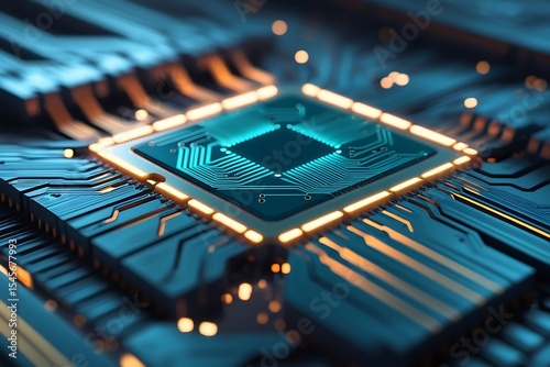 Teal and Orange Circuit Board Microchip Closeup technology