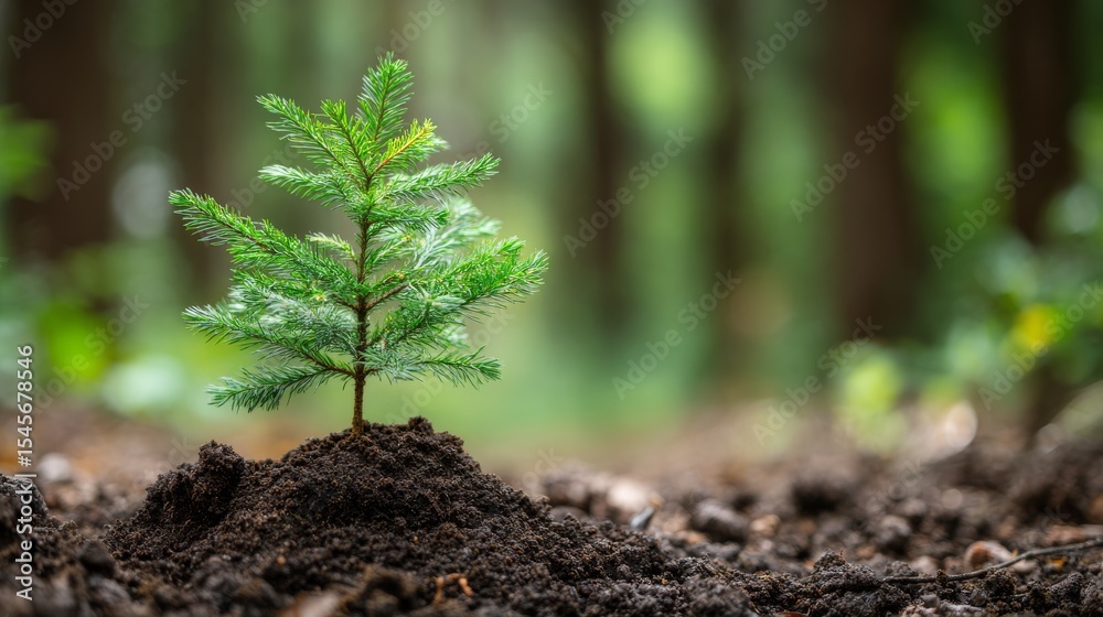 A young sapling thriving in rich soil amidst a lush, green forest. A young sapling thriving in rich soil amidst a lush, green forest.