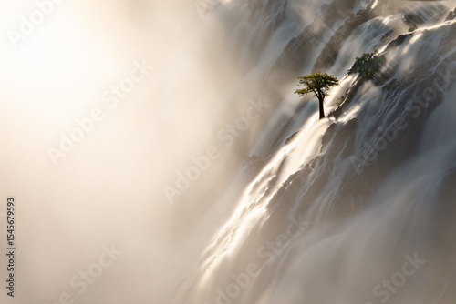 A tree stands against the torrents of water cascading over Ruacana Falls, Namibia.