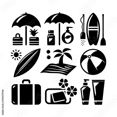 Summer vacation icons beach sun and travel essentials