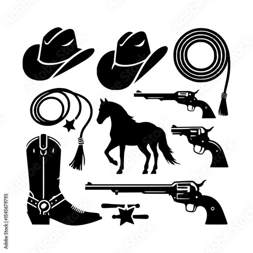Wild west icons cowboy hats boots horse guns lasso