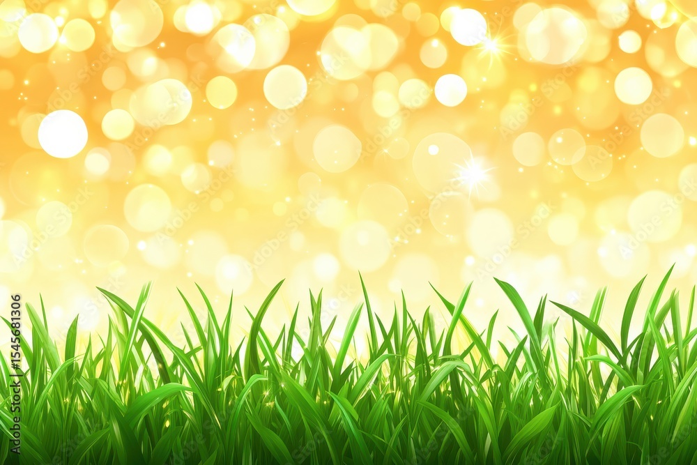 Fototapeta premium Lush Green Grass in Front of a Blurred Golden Background with Bokeh Effect