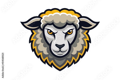 Intimidating sheep mascot has determined yellow eyes, its white wool styled with shadows