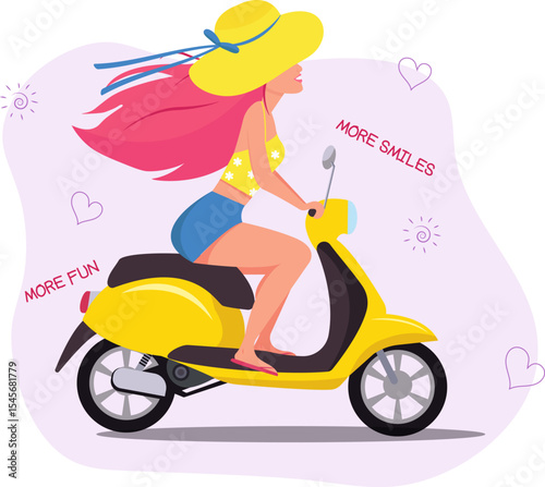 Bright happy girl on a yellow scooter in the hat, summer vacation illustration.