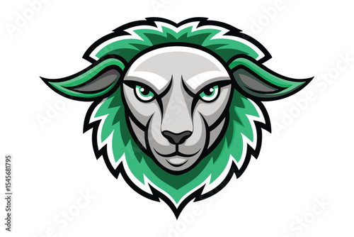 sheep mascot with piercing green eyes stares intensely ahead on a white background