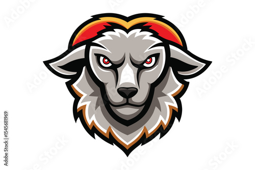 Intensely focused gray goat face gazes forward with fierce red eyes and determined expression