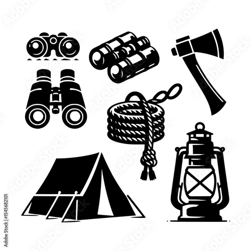 Camping equipment icons black and white