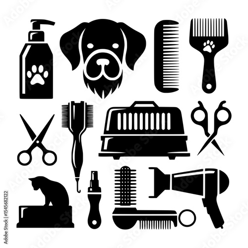 Pet grooming supplies icons black and white