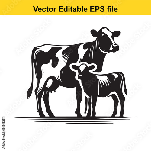Monochrome Vector Illustration of a Holstein Cow with Calf A Timeless Image of Farm Animals and Rural Life