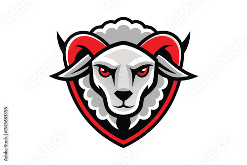 Intense ram mascot showcases red horns and piercing eyes on a white backdrop