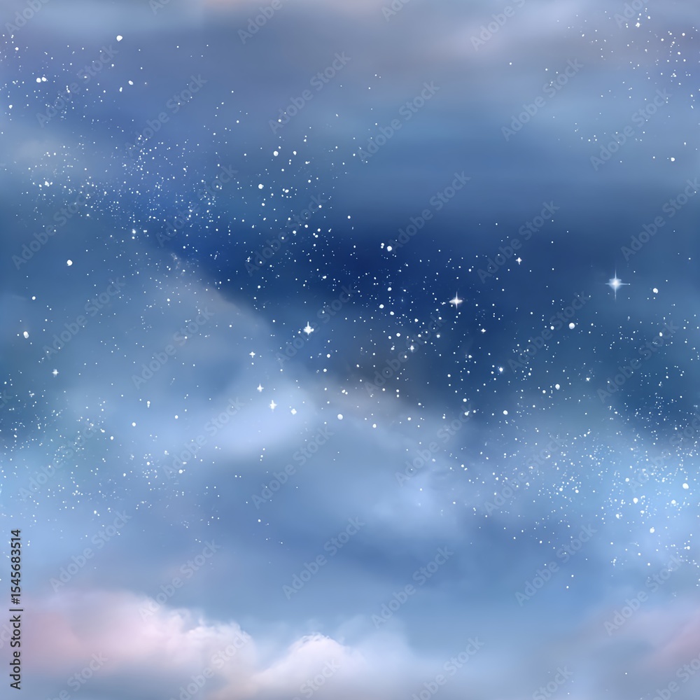 Fototapeta premium Seamless pattern of a celestial illustration featuring a clear cloudless night sky with twinkling stars rendered in deep blue tones
