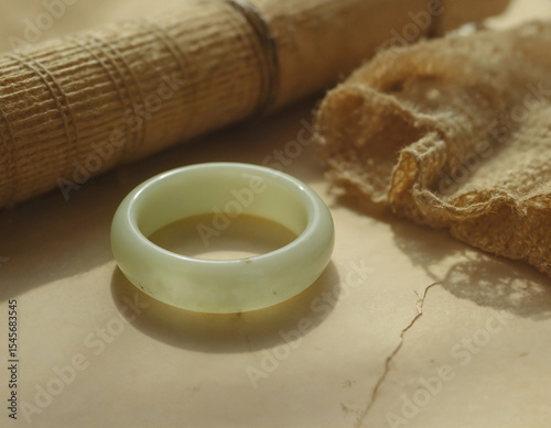 A polished, light green jade bangle bracelet rests gracefully, with blurred rustic fabric and a rolled mat in the background. This image conveys traditional elegance and natural, earthy charm.
