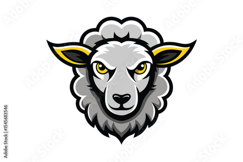Intimidating grey sheep with yellow eyes stares intensely from its cartoon mascot head