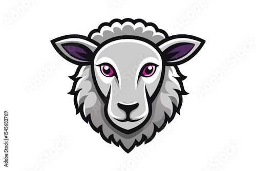 Cartoon sheep head with pink eyes stares forward on a clean white backdrop