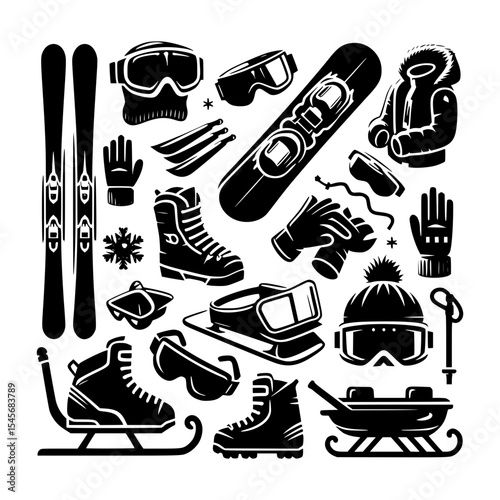 Winter sports equipment icons black and white