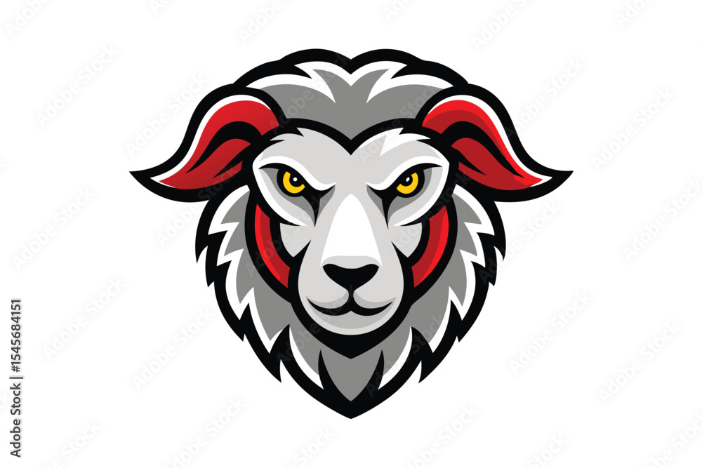 Fototapeta premium Majestic ram with piercing yellow eyes features grey wool and striking red accents