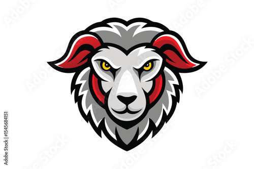 Majestic ram with piercing yellow eyes features grey wool and striking red accents