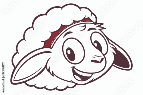 Happy sheep cartoon character with red headband smiles broadly on a white backdrop