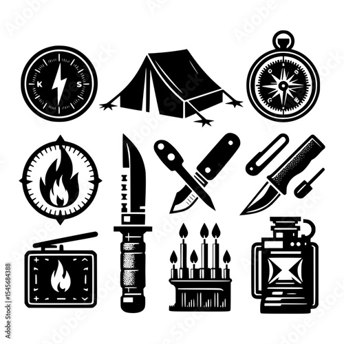 Black and white camping and survival icons set