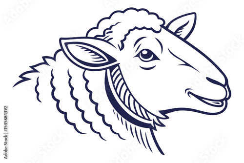 Detailed line drawing depicts the stylized head of a white sheep looking peaceful