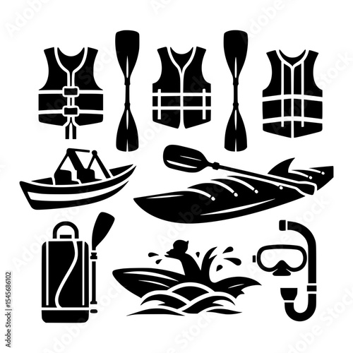 Water sports icons kayaks boats and safety gear