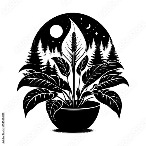 Peace lily plant in pot night forest scene