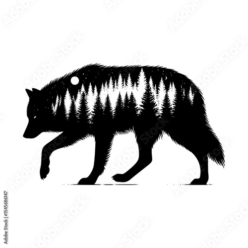 Silhouette of a wolf with a forest inside