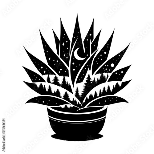 Night sky agave plant in pot black and white illustration