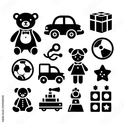 Black and white icons of children s toys