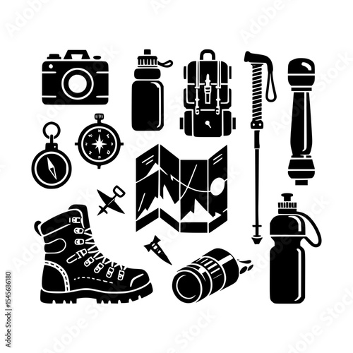 Hiking and camping equipment icons set