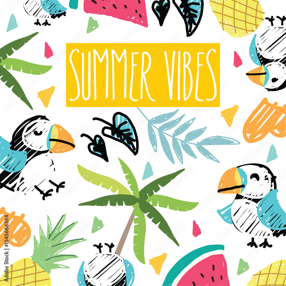 Naklejka premium summer vibes toucan doodle vector