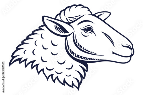 Outlined lamb head shows fluffy wool and smooth face in monochrome design