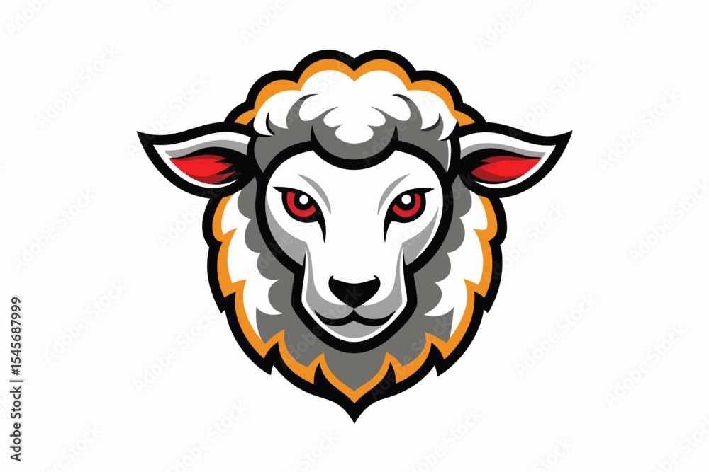 Fototapeta premium White sheep head with red eyes surrounded by dark lines watches intensely