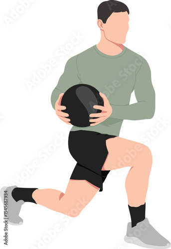 A muscular man does lunges with a ball