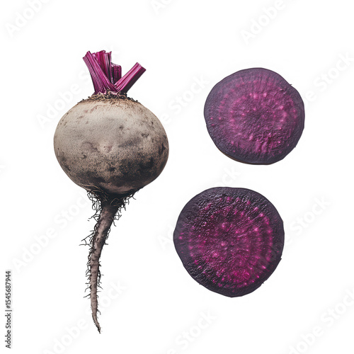 Whole beetroot and two slices isolated on transparent background