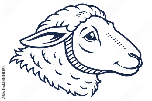 A stylized lamb head features a white coat and dark blue outline