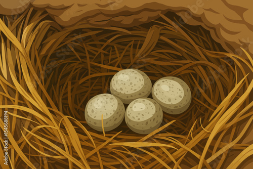 The image illustrates a close-up view of a bird's nest, carefully woven from dry grass and twigs. Nestled securely in the center are four speckled eggs, off-white in color with light grayish spots. Th