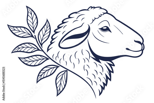 Outline of a sheep head with a leafy branch creates a serene scene