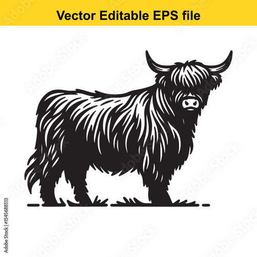 Majestic Highland Cow Silhouette A Striking Vector Illustration of Scottish Breed Cattle with Long Horns and Distinctive Fur