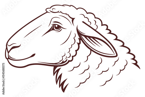 Outlined sheep head profile shows its wool and eye clearly on a white backdrop