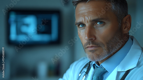Doctor adjusting tie in front of clean mirror with bright soft background 